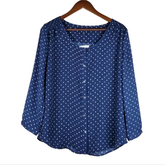 LAND'S END Blue Polka Dot Print Scoop Neckline Blouse Size 10 - Picture 1 of 7